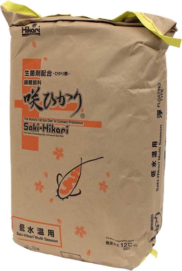 Bag of Saki-Hikari Multi Season wheat-germ koi food with medium pellets—premium Hikari koi food for year-round color and growth. Size: 15kg, Pellet: Large.