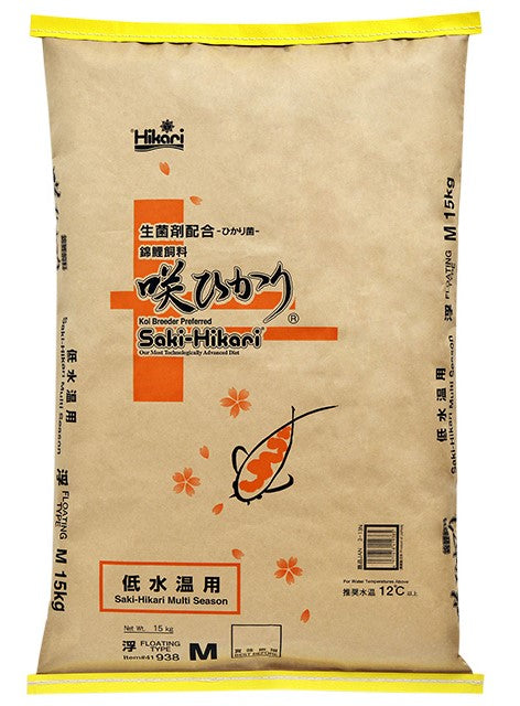Bag of Saki-Hikari Multi Season wheat-germ koi food with medium pellets—premium Hikari koi food for year-round color and growth. Size: 2kg, Pellet: Medium.
