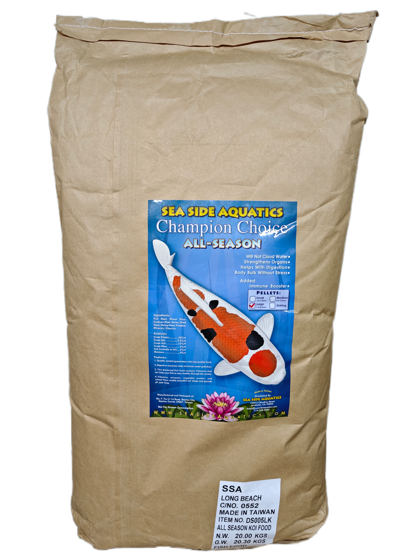 20 kg bag of Sea Side Aquatics koi fish food large pellets