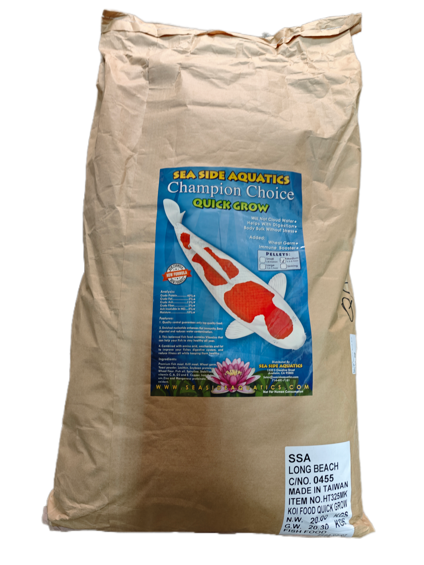 Sea Side Aquatics koi food Quick Grow medium pellets 20 kg sack
