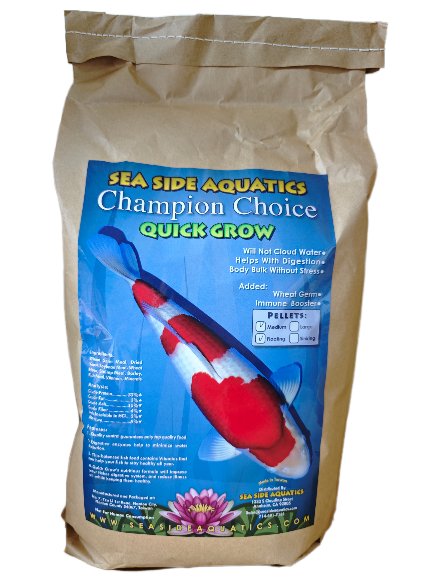 Sea Side Aquatics koi food Quick Grow medium pellets 5 kg bag