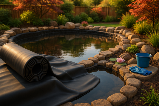 Roll of black EPDM rubber liner being unrolled into a half-filled backyard koi pond edged with river rocks at sunset; blue bucket, work gloves and a single pink water lily sit nearby.