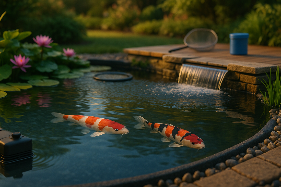 A koi pond featuring the necessary pond supplies needed for a flourishing koi pond.