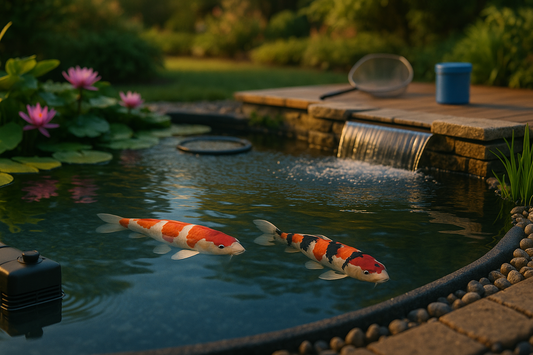 A koi pond featuring the necessary pond supplies needed for a flourishing koi pond.