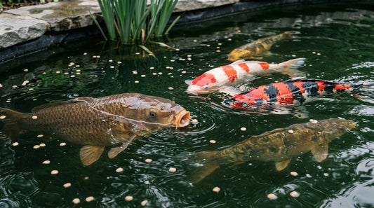 Koi rising to take floating food pellets at the surface of a backyard pond, with a bronze Chagoi in front of a Kohaku and a Showa.
