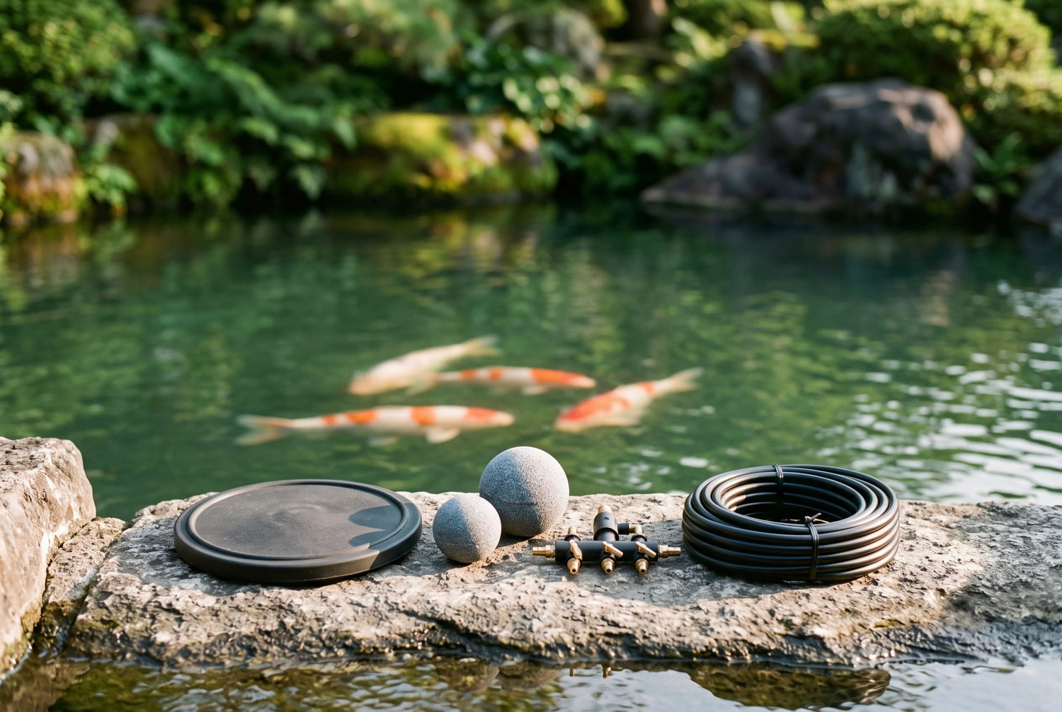 Rubber air diffuser disc, two spherical air stones, a brass valve manifold and coiled airline on a stone ledge beside a koi pond, used to oxygenate water and filter media.