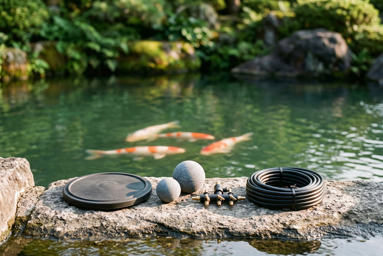Rubber air diffuser disc, two spherical air stones, a brass valve manifold and coiled airline on a stone ledge beside a koi pond, used to oxygenate water and filter media.