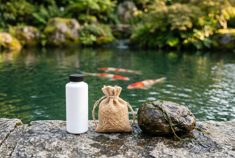 Pond algaecide bottle, a burlap pouch of barley straw and a wet rock trailing green string algae beside a koi pond, the two approaches to controlling pond algae.