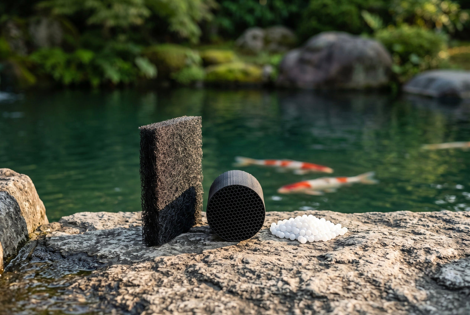 Japanese filter matting, a honeycomb biological media cylinder and white filter beads on a stone ledge beside a koi pond, the media that convert ammonia in a koi filter.