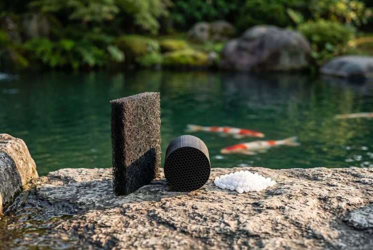 Japanese filter matting, a honeycomb biological media cylinder and white filter beads on a stone ledge beside a koi pond, the media that convert ammonia in a koi filter.