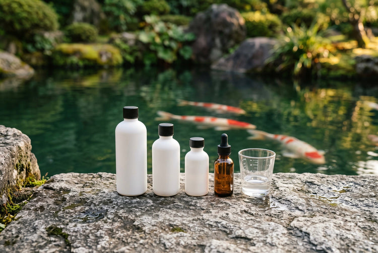 Pond treatment bottles, an amber dropper bottle and a graduated dosing cup on the stone edge of a koi pond with koi swimming behind, the basics of a pond first aid kit.