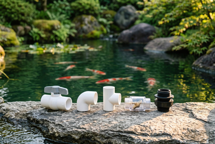 White PVC ball valve, elbow and tee with a clear check valve and a black bulkhead fitting on a stone ledge beside a koi pond, the fittings used to plumb a koi system.