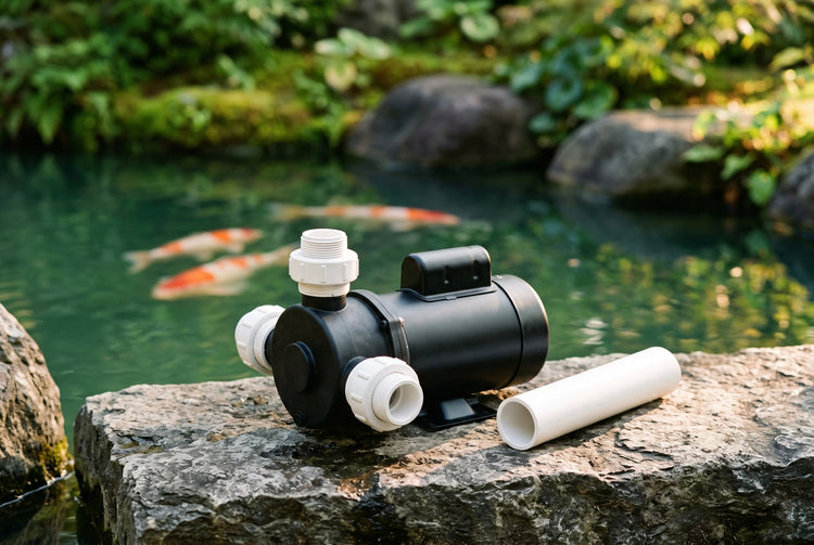 Black external pond pump fitted with white PVC unions, beside a length of PVC pipe on a stone ledge at a koi pond, the circulation heart of a koi filtration system.