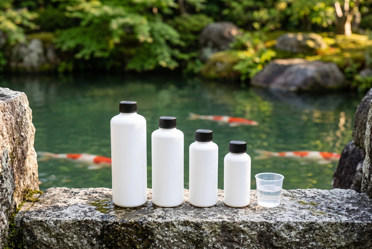 Four white pond treatment bottles with black caps and a graduated measuring cup on a stone ledge beside a koi pond, for dechlorinating, buffering and dosing pond water.