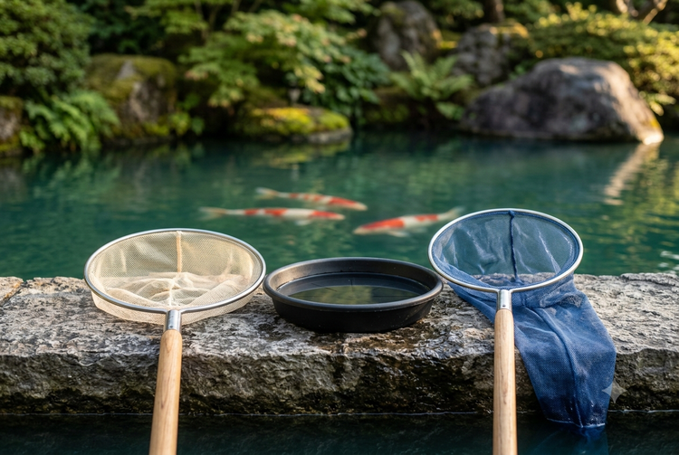 Japanese koi pan net, viewing bowl and sock net on a stone ledge at the edge of a koi pond.