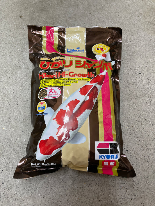 Hikari Hi-Growth koi food bag with a Kohaku koi and the Kyorin logo