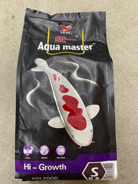 Aqua Master Hi-Growth koi food bag showing a Kohaku koi, small pellet size marked S