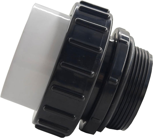 Hi-Temp pump union, black ribbed 2 inch nut with male threaded end and white PVC socket