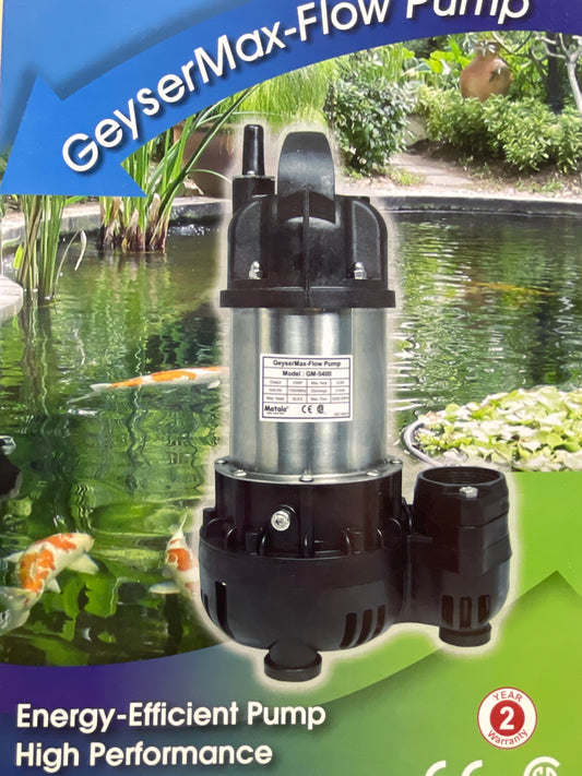Matala GeyserMax-Flow submersible pond pump with stainless body, shown on its box art over a koi pond