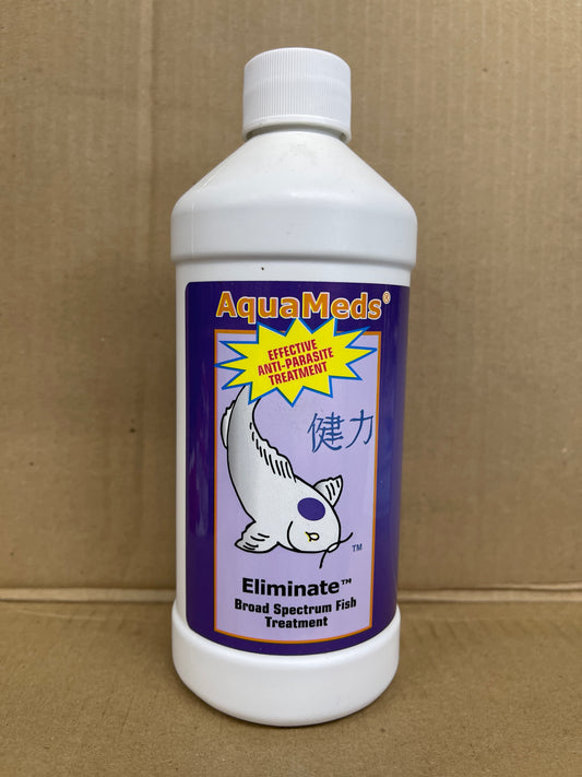 Aqua Meds Eliminate broad spectrum fish treatment, 16 oz white bottle with a purple label