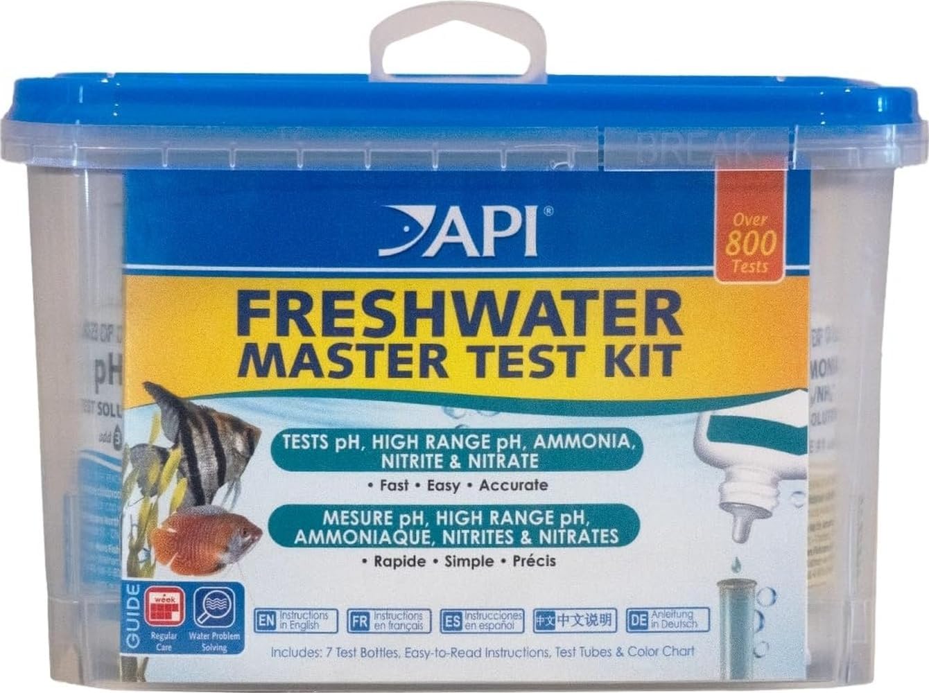 API Freshwater Master Test Kit in a clear carrying case with blue lid, tests pH, ammonia, nitrite and nitrate