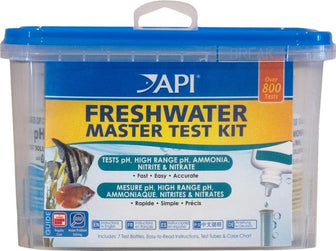 API Freshwater Master Test Kit in a clear carrying case with blue lid, tests pH, ammonia, nitrite and nitrate