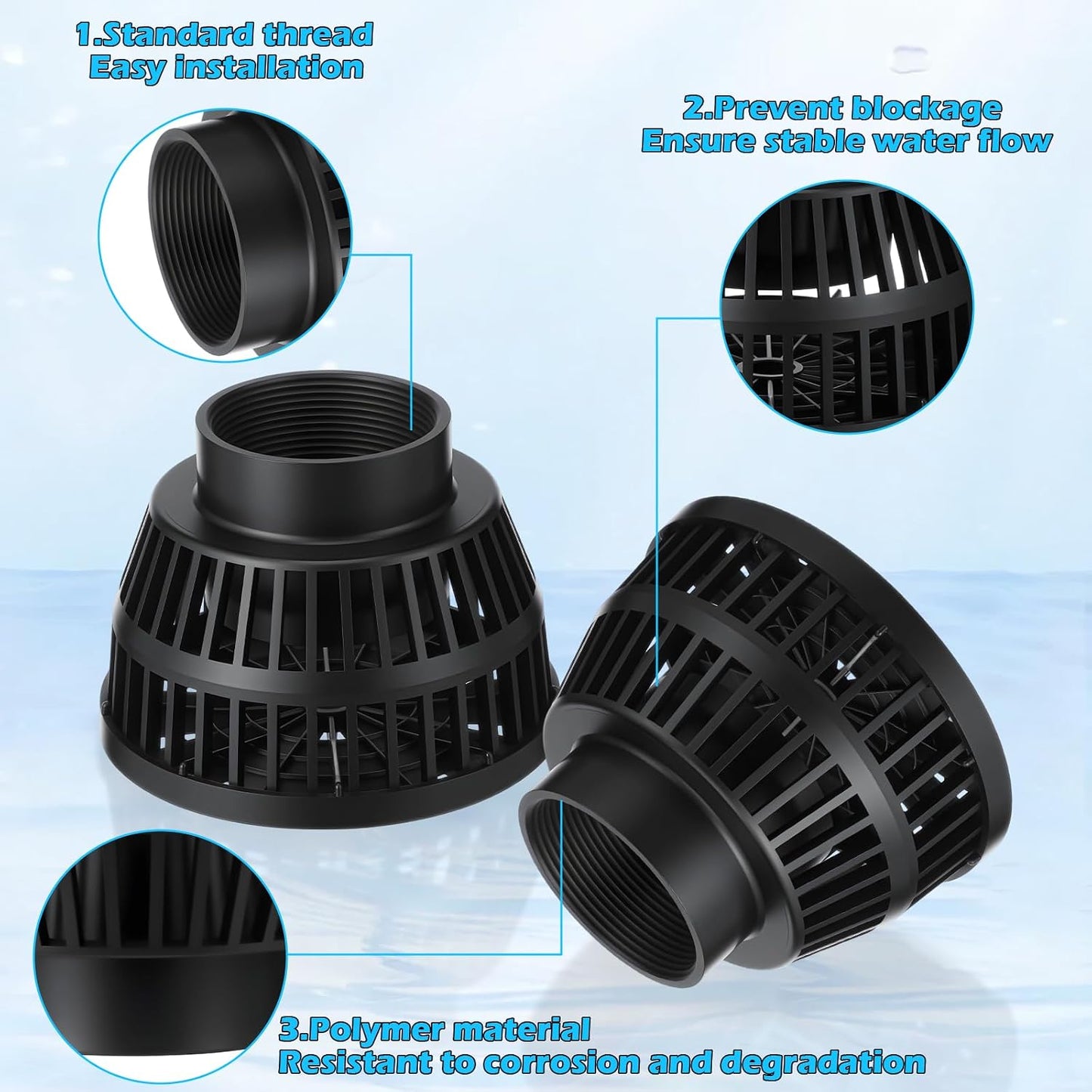 Two black polymer basket valve screens with threaded fittings, shown with feature callouts