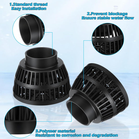 Two black polymer basket valve screens with threaded fittings, shown with feature callouts