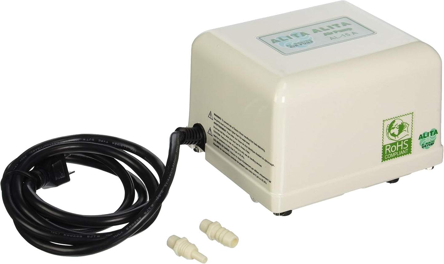 Alita AL linear air pump, cream housing with black power cord and barb fittings