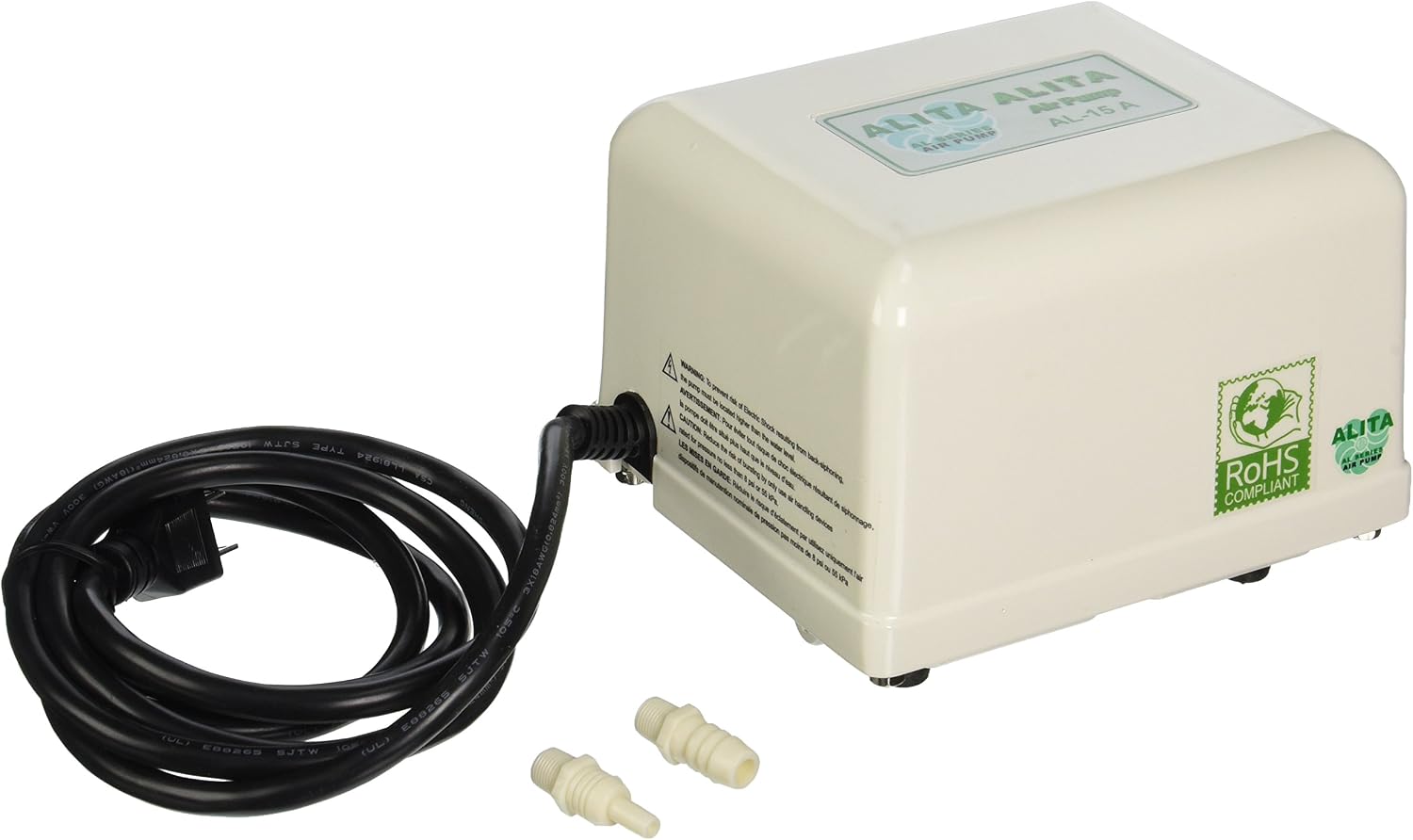 Alita AL linear air pump, cream housing with black power cord and barb fittings
