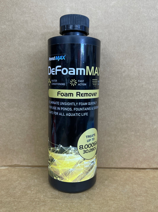 PondMax DeFoamMAX foam remover, black 16 oz bottle with yellow label accents
