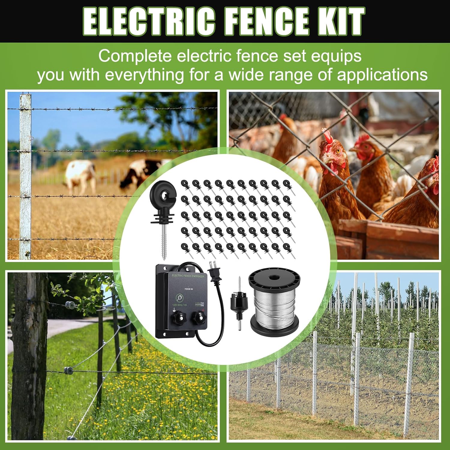 MorningRo electric fence kit graphic showing energizer, wire spool and insulators with farm scenes