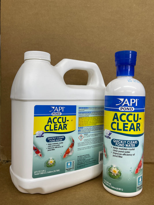 API Pond Accu-Clear water clarifier, gallon jug and 16 oz bottle with blue labels