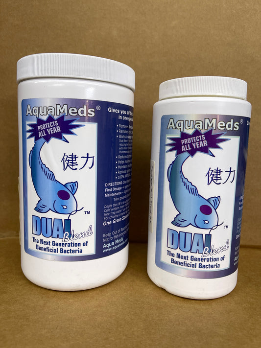 Aqua Meds Dual Blend beneficial bacteria, the 2 lb and 1 lb tubs standing side by side