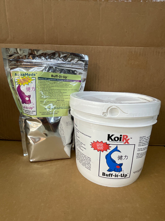 Aqua Meds Buff-It-Up KH buffer shown as a foil pouch and a white KoiRx pail with blue koi label