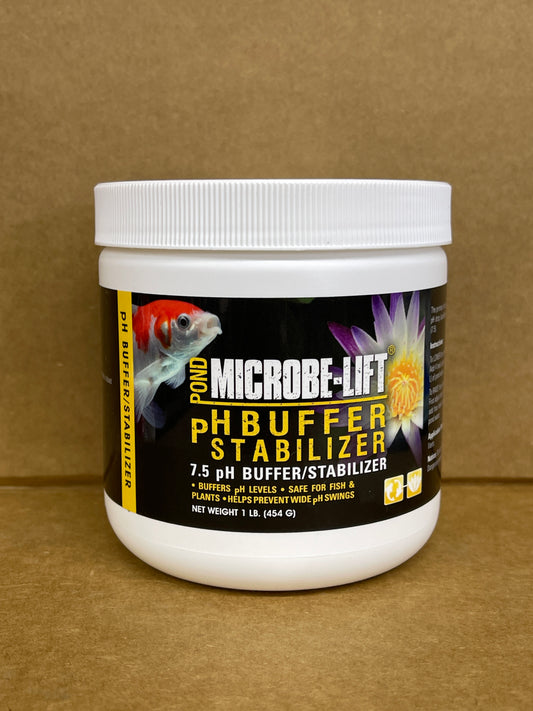 Microbe-Lift 7.5 pH Buffer Stabilizer, 1 lb white tub with black label showing a goldfish and water lily