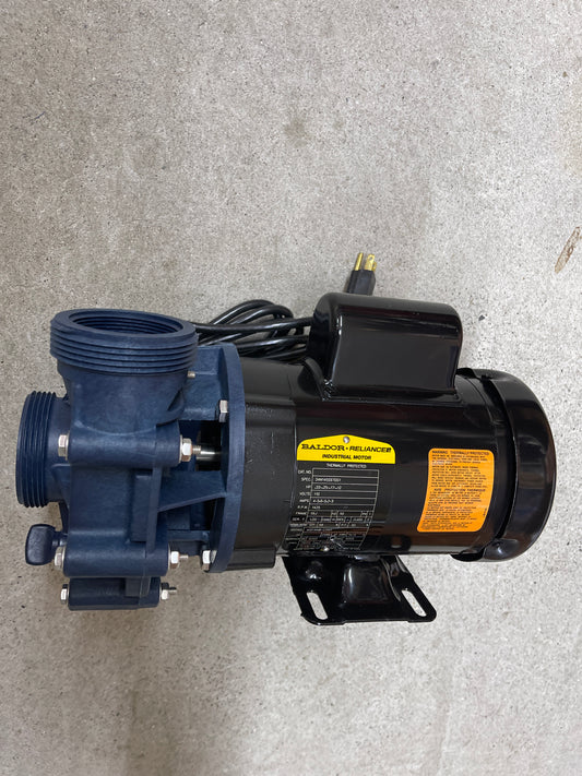 Teton XT Ecostream external pond pump, side view showing the blue polypropylene wet end, threaded intake port and black Baldor motor