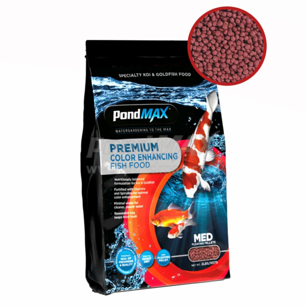 PondMAX Color Enhancing Fish Food, available in 2 lb, 5 lb and 10 lb