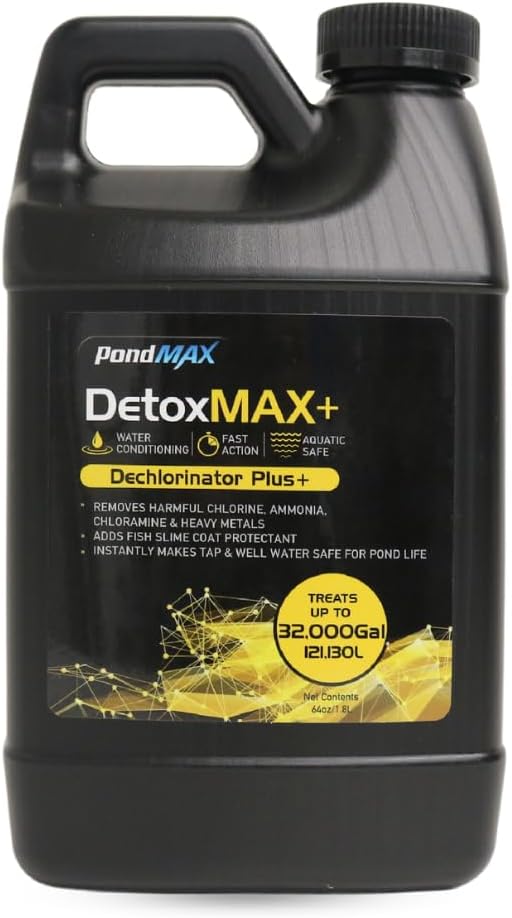 PondMax DetoxMAX+ dechlorinator, black 64 oz jug with handle and yellow geometric label