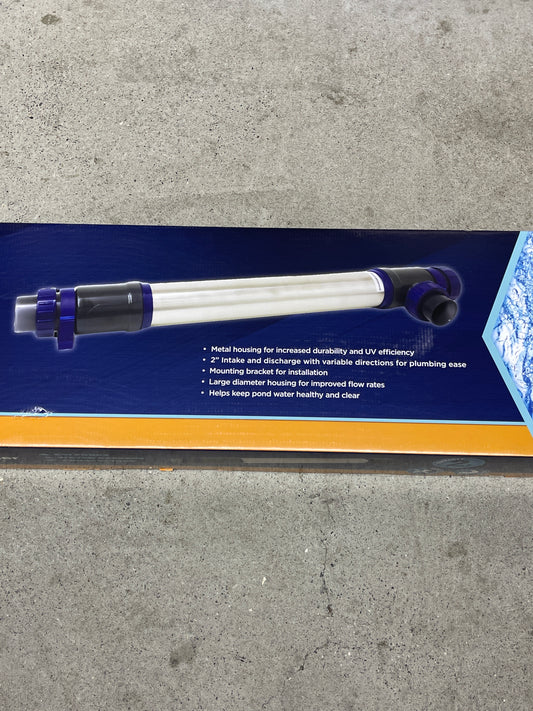Teton XUV Series stainless steel UV clarifier in its retail box, showing the unit and its feature list