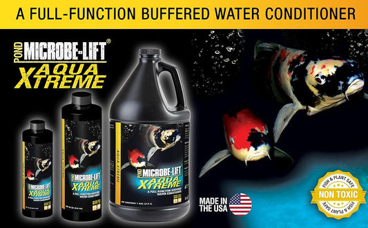 Three sizes of Microbe-Lift Aqua Xtreme buffered water conditioner in black bottles beside swimming koi