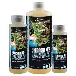 Three sizes of Microbe-Lift PL Gel filter pad bacterial inoculant bottles with cream pond labels