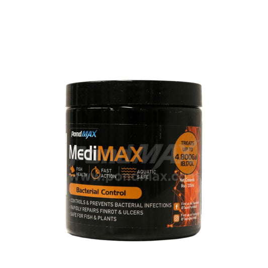 PondMax MediMAX bacterial control, 8 oz black jar with orange label