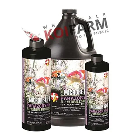 Three sizes of Microbe-Lift Parazoryne natural parasite expellant in black bottles with pink labels