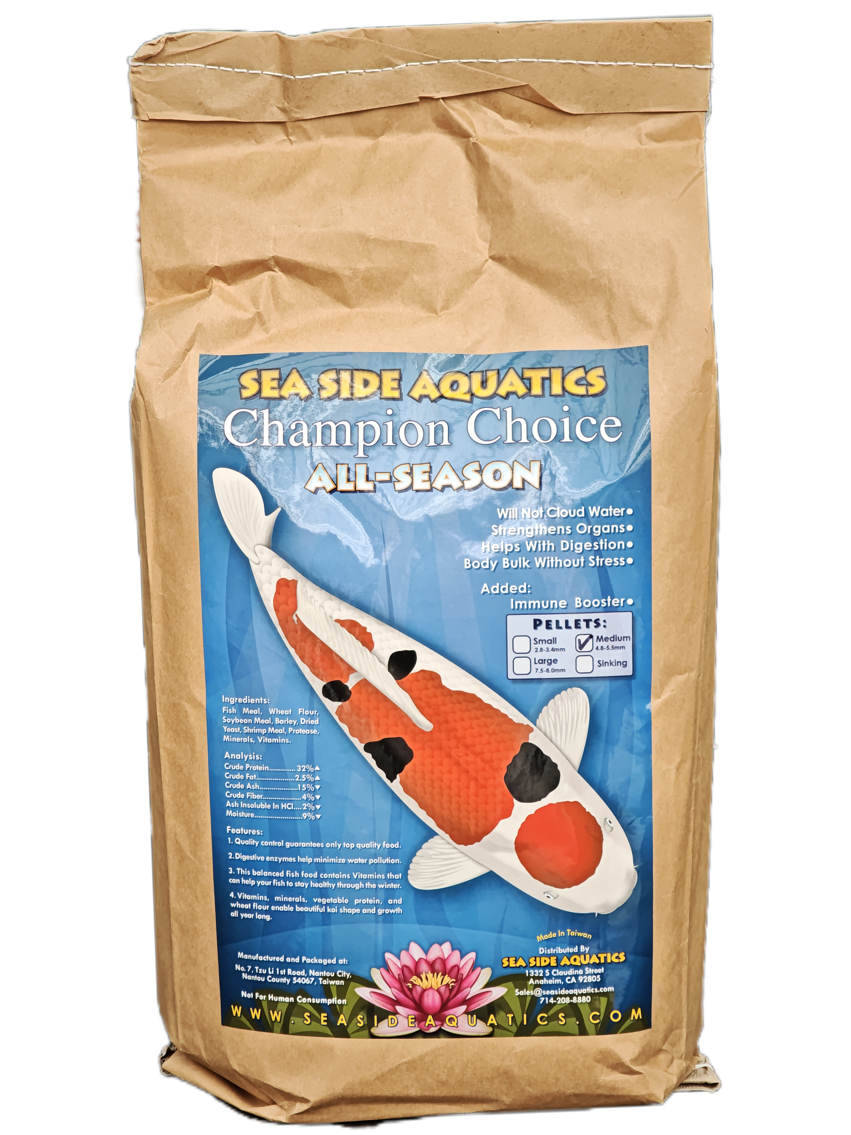 abe dumping box of fish food into koi pond Sea Side Aquatics All Season Koi Fish Food | 5 kg & 20 kg bags