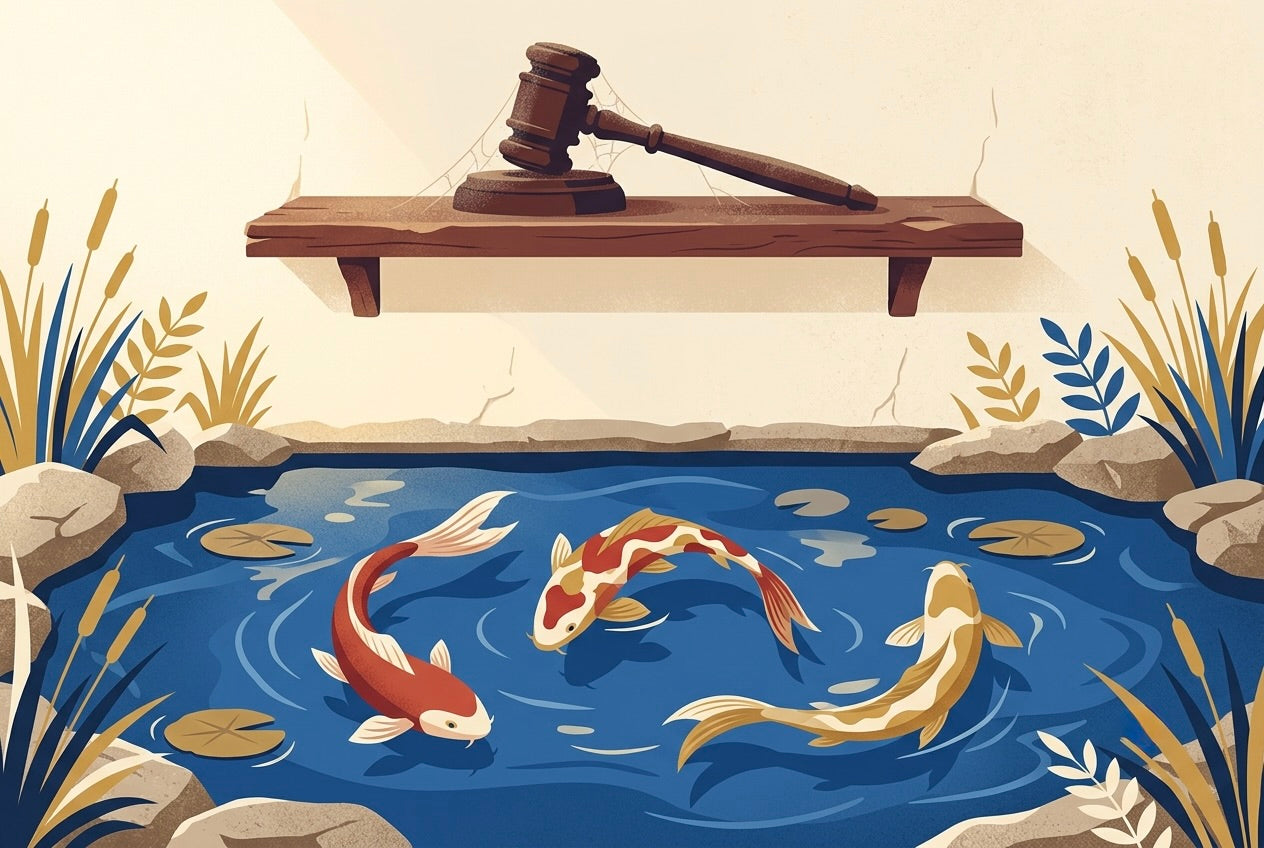 Auction gavel left on a shelf above a calm koi pond