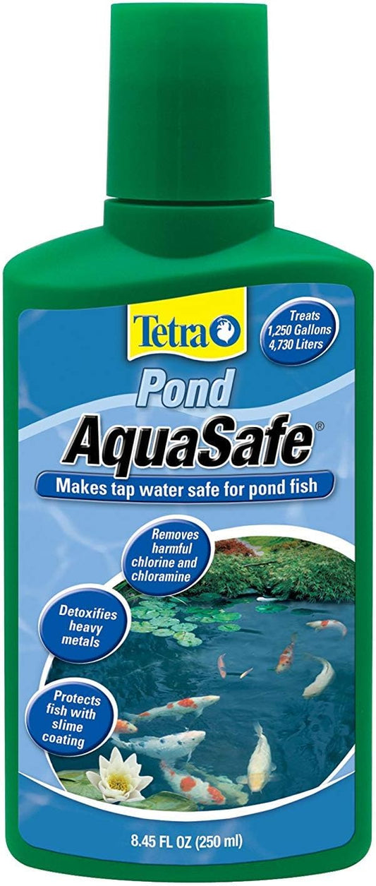 TetraPond AquaSafe water conditioner in a green bottle with blue pond scene label
