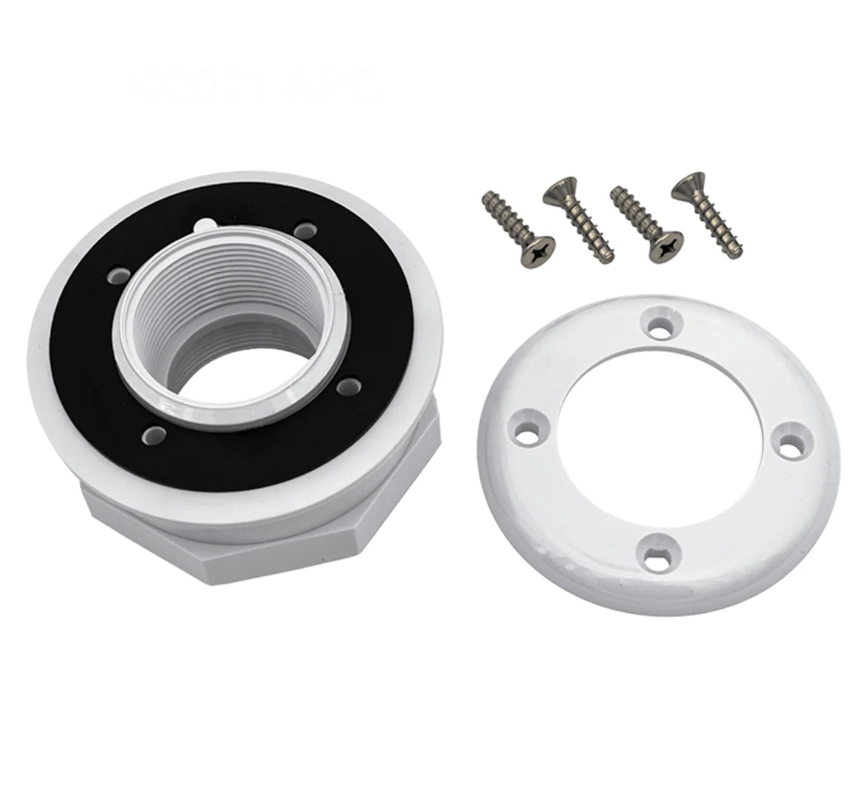 Hayward SP1408 inlet outlet fitting with black gasket, white face plate ring, and four screws