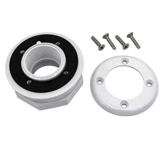 Hayward SP1408 inlet outlet fitting with black gasket, white face plate ring, and four screws